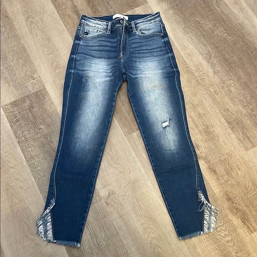 Women's Distressed Blue Jeans with Fringe Hem